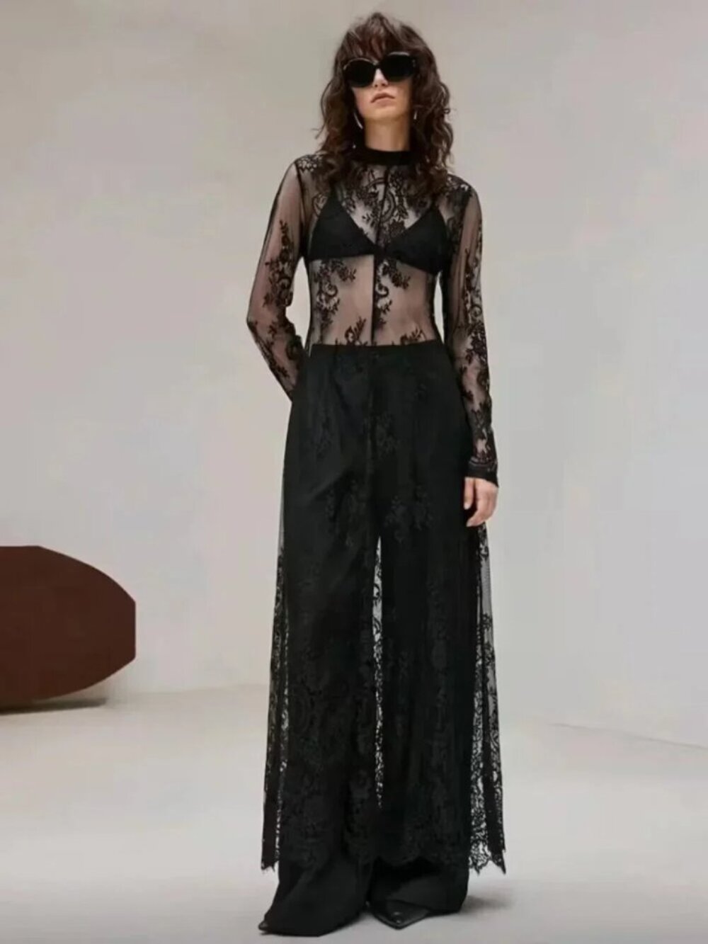 Semi-Sheer Black Lace Maxi Dress - Picture 2 of 5